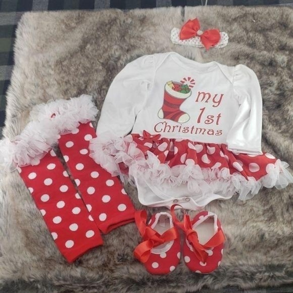 Babys My 1st Christmas Outfit Set With Tutu Polka Dot Socks Shoes & Bow Headband